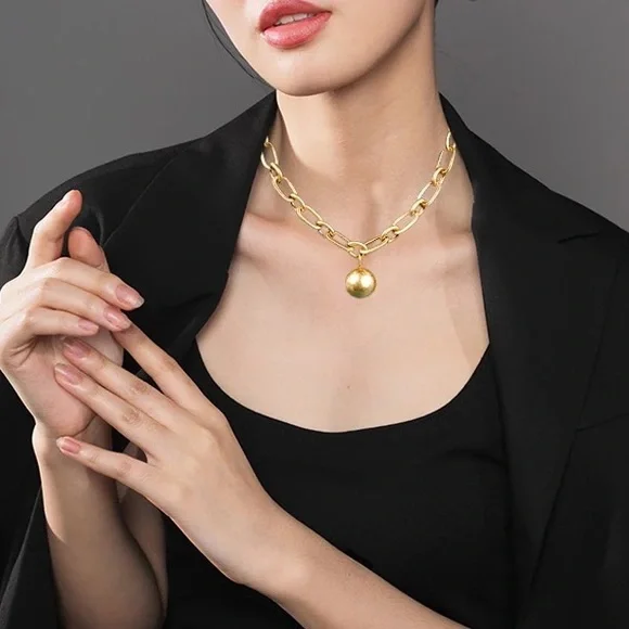 Zara Ball and Chain Matte Textured Gold Pendant Oval Circle Link Necklace Metal